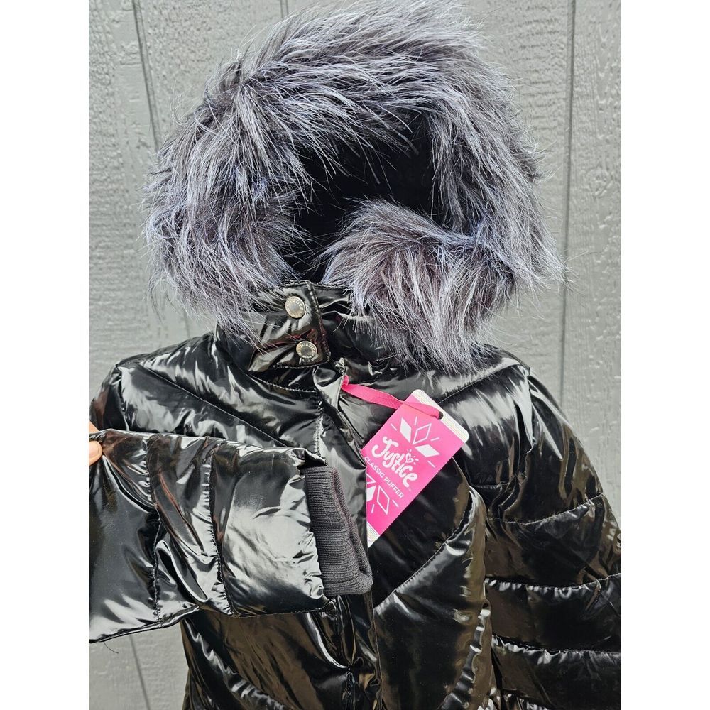 Justice Girls Black Puffer Jacket Hood Sherpa Lined Full‎ Zip Pockets Size S 7/8